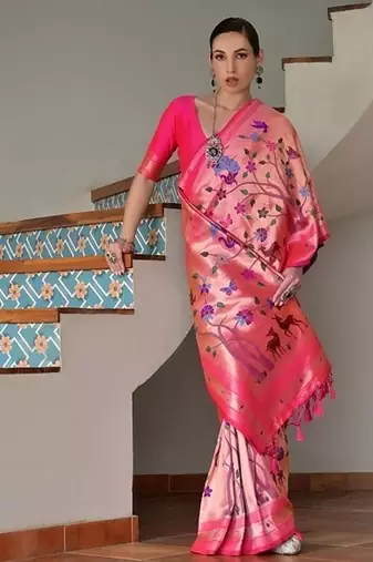 Pink color banarasi silk blend paithani zari weaving saree
