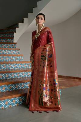 Brown color banarasi silk blend paithani zari weaving saree 1