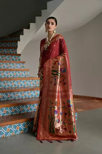 Brown color banarasi silk paithani zari weaving saree