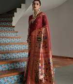 Brown color banarasi silk blend paithani zari weaving saree