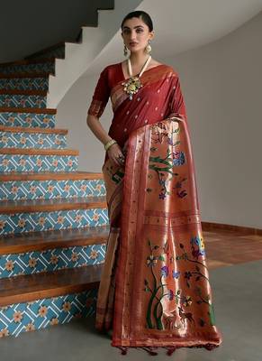 Brown color banarasi silk blend paithani zari weaving saree 2