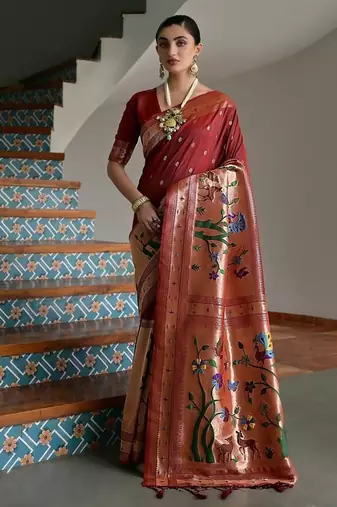 Brown color banarasi silk blend paithani zari weaving saree