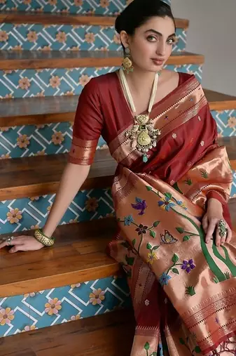 Brown color banarasi silk blend paithani zari weaving saree