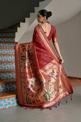 Brown color banarasi silk blend paithani zari weaving saree 4