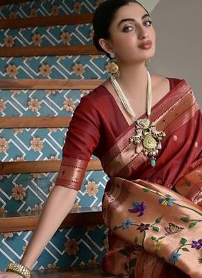 Brown color banarasi silk blend paithani zari weaving saree 5