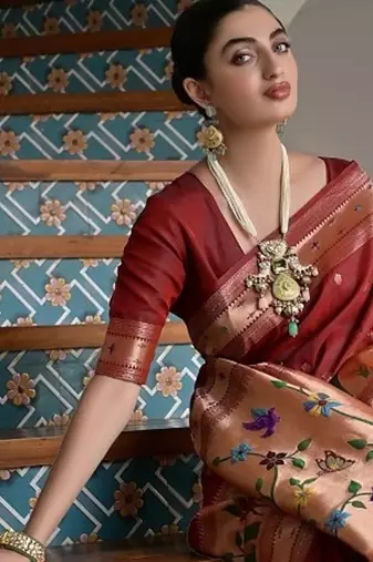 Brown color banarasi silk blend paithani zari weaving saree