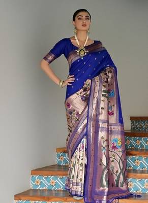Royal blue color banarasi silk blend paithani zari weaving saree 1