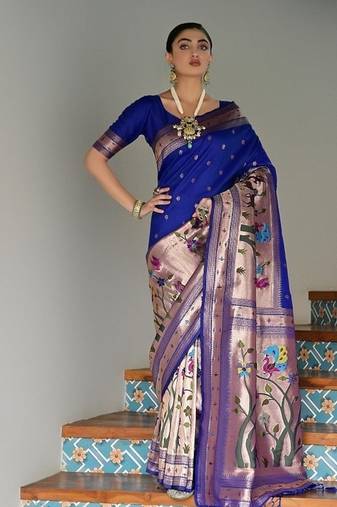Royal blue color banarasi silk paithani zari weaving saree