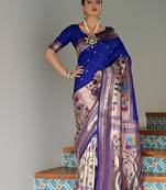 Royal blue color banarasi silk blend paithani zari weaving saree