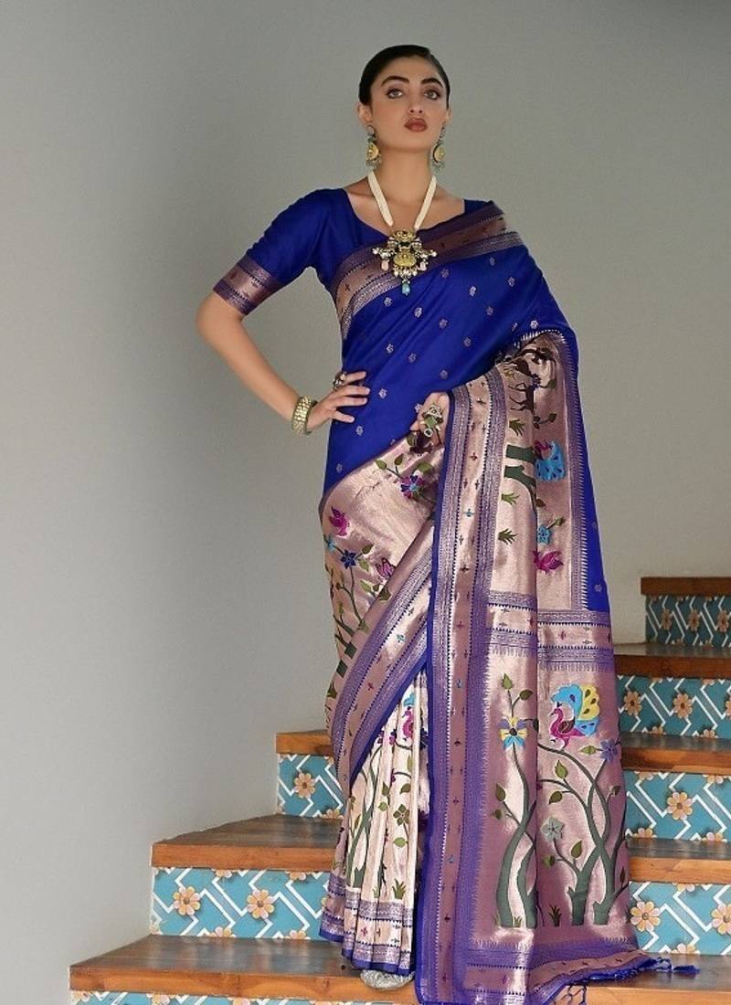 Royal blue color banarasi silk paithani zari weaving saree