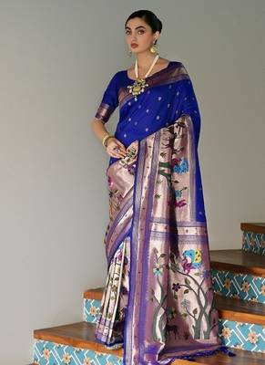 Royal blue color banarasi silk blend paithani zari weaving saree 2