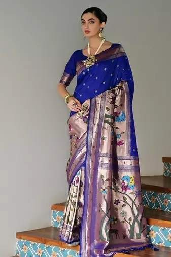 Royal blue color banarasi silk blend paithani zari weaving saree