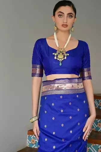 Royal blue color banarasi silk blend paithani zari weaving saree