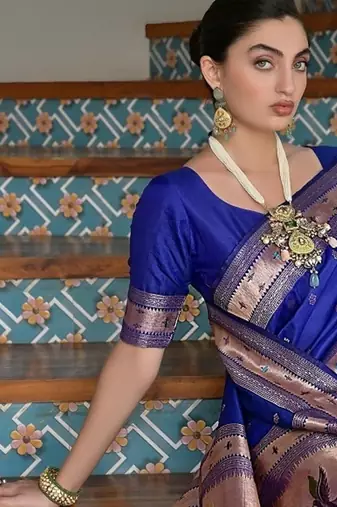Royal blue color banarasi silk blend paithani zari weaving saree