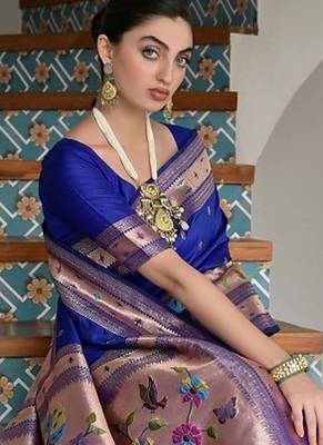 Royal blue color banarasi silk blend paithani zari weaving saree 5