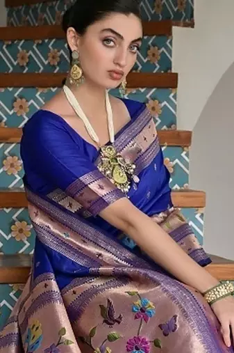 Royal blue color banarasi silk blend paithani zari weaving saree