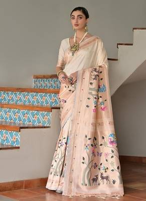 White color banarasi silk blend paithani zari weaving saree 1
