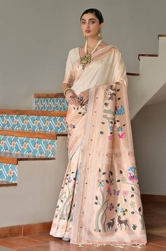 White color banarasi silk paithani zari weaving saree