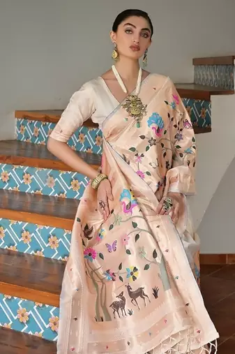 White color banarasi silk blend paithani zari weaving saree