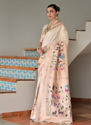 White color banarasi silk blend paithani zari weaving saree 3