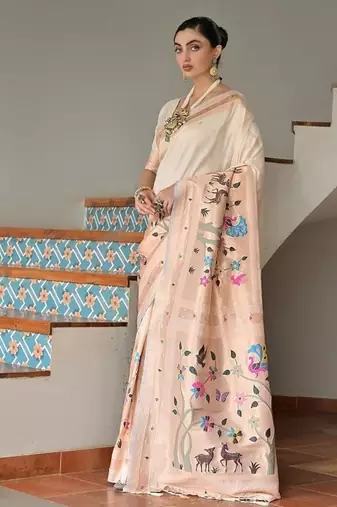 White color banarasi silk blend paithani zari weaving saree