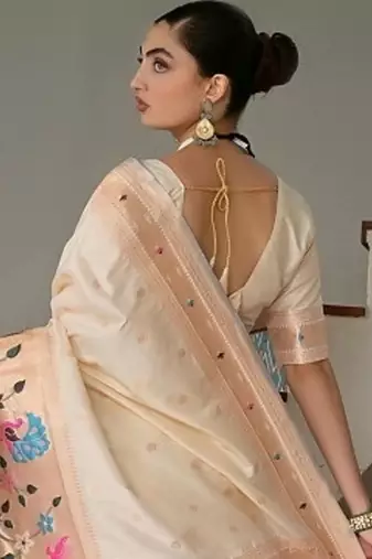 White color banarasi silk blend paithani zari weaving saree