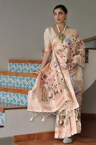 White color banarasi silk blend paithani zari weaving saree