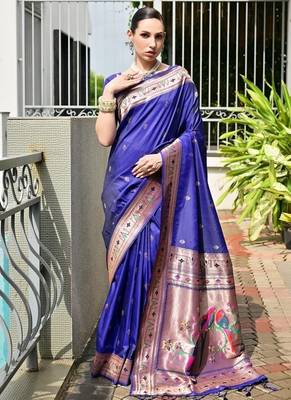 Blue banarasi silk blend paithani meena zari weaving saree 1