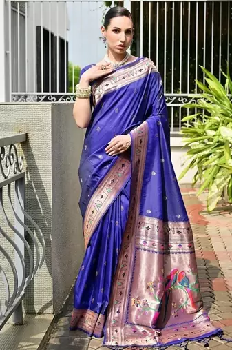 Blue color banarasi silk paithani meena zari weaving saree