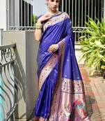 Blue color banarasi silk blend paithani meena zari weaving saree
