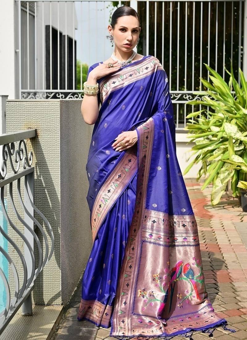 Blue color banarasi silk paithani meena zari weaving saree