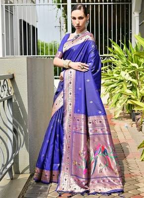 Blue banarasi silk blend paithani meena zari weaving saree 3