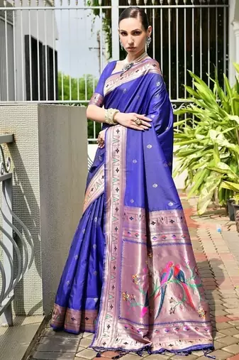 Blue color banarasi silk blend paithani meena zari weaving saree