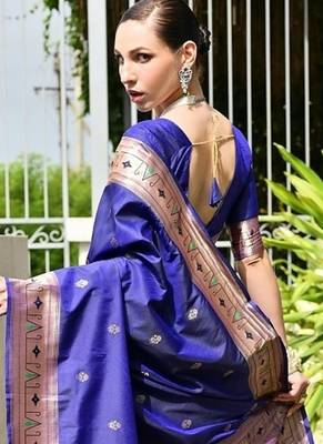 Blue banarasi silk blend paithani meena zari weaving saree 4