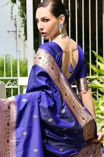 Blue color banarasi silk blend paithani meena zari weaving saree