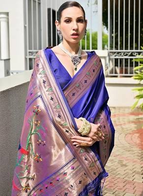 Blue banarasi silk blend paithani meena zari weaving saree 5