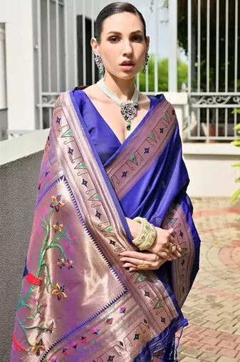 Blue color banarasi silk blend paithani meena zari weaving saree