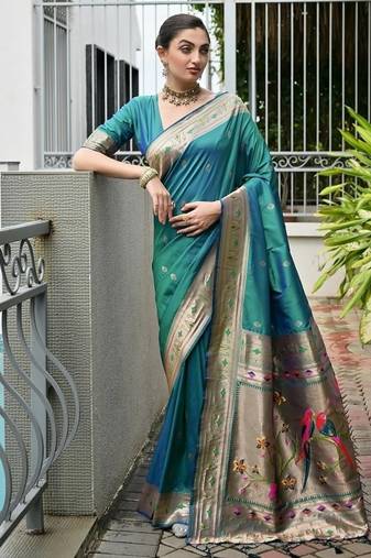 Sea green color banarasi silk paithani meena zari weaving saree
