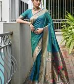 Sea green color banarasi silk blend paithani meena zari weaving saree