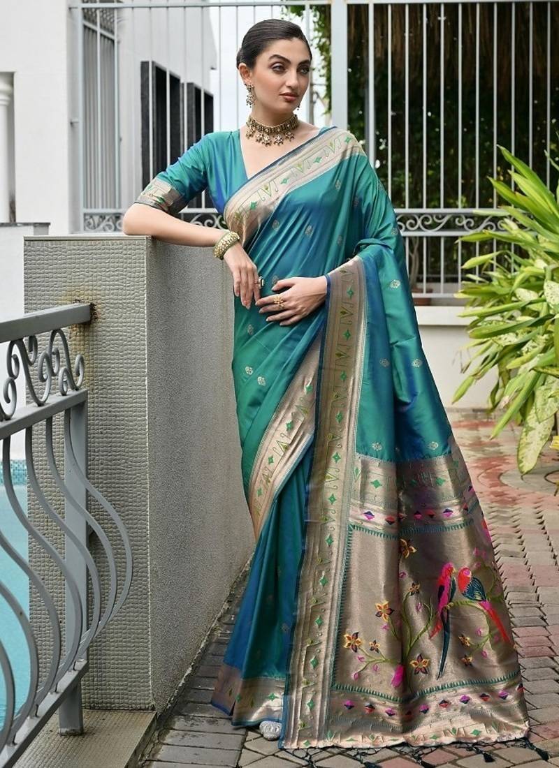 Sea green color banarasi silk paithani meena zari weaving saree