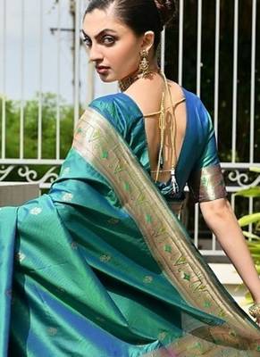 Sea green color banarasi silk blend paithani meena zari weaving saree 3