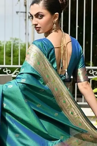 Sea green color banarasi silk blend paithani meena zari weaving saree