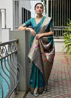 Sea green color banarasi silk blend paithani meena zari weaving saree 4