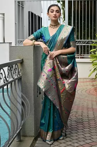 Sea green color banarasi silk blend paithani meena zari weaving saree