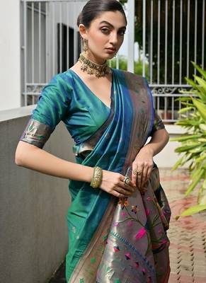 Sea green color banarasi silk blend paithani meena zari weaving saree 5