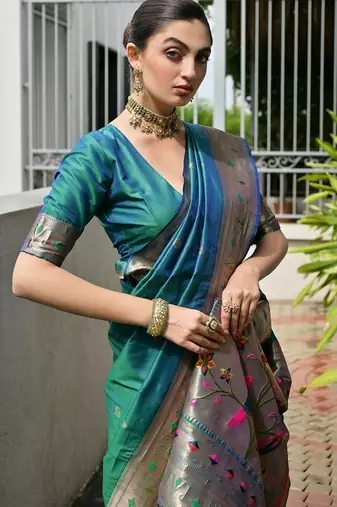 Sea green color banarasi silk blend paithani meena zari weaving saree