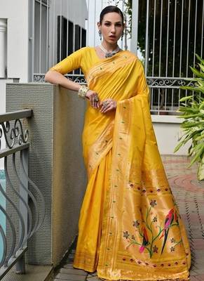 Yellow color banarasi silk blend paithani meena zari weaving saree 1