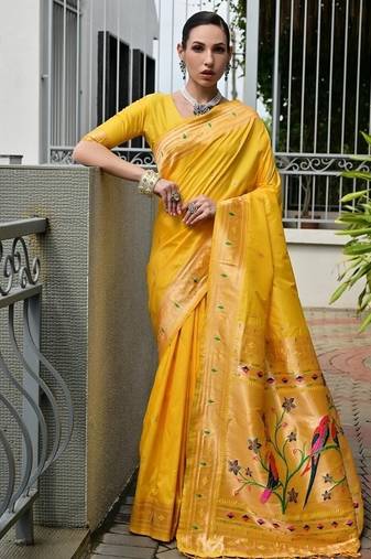 Yellow color banarasi silk paithani meena zari weaving saree