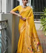 Yellow color banarasi silk blend paithani meena zari weaving saree
