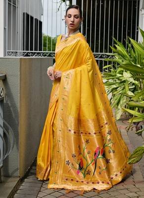 Yellow color banarasi silk blend paithani meena zari weaving saree 2